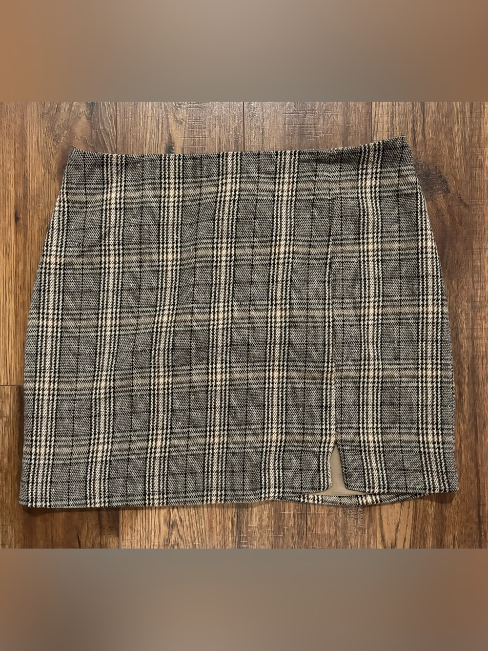 Lush Brown Plaid Mini Skirt with Front Notch Size L